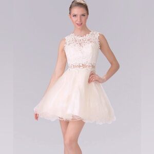 LACE EMBROIDERED ILLUSION NECK TWO PIECE COCKTAIL  FORMAL PROM MINI DRESS
